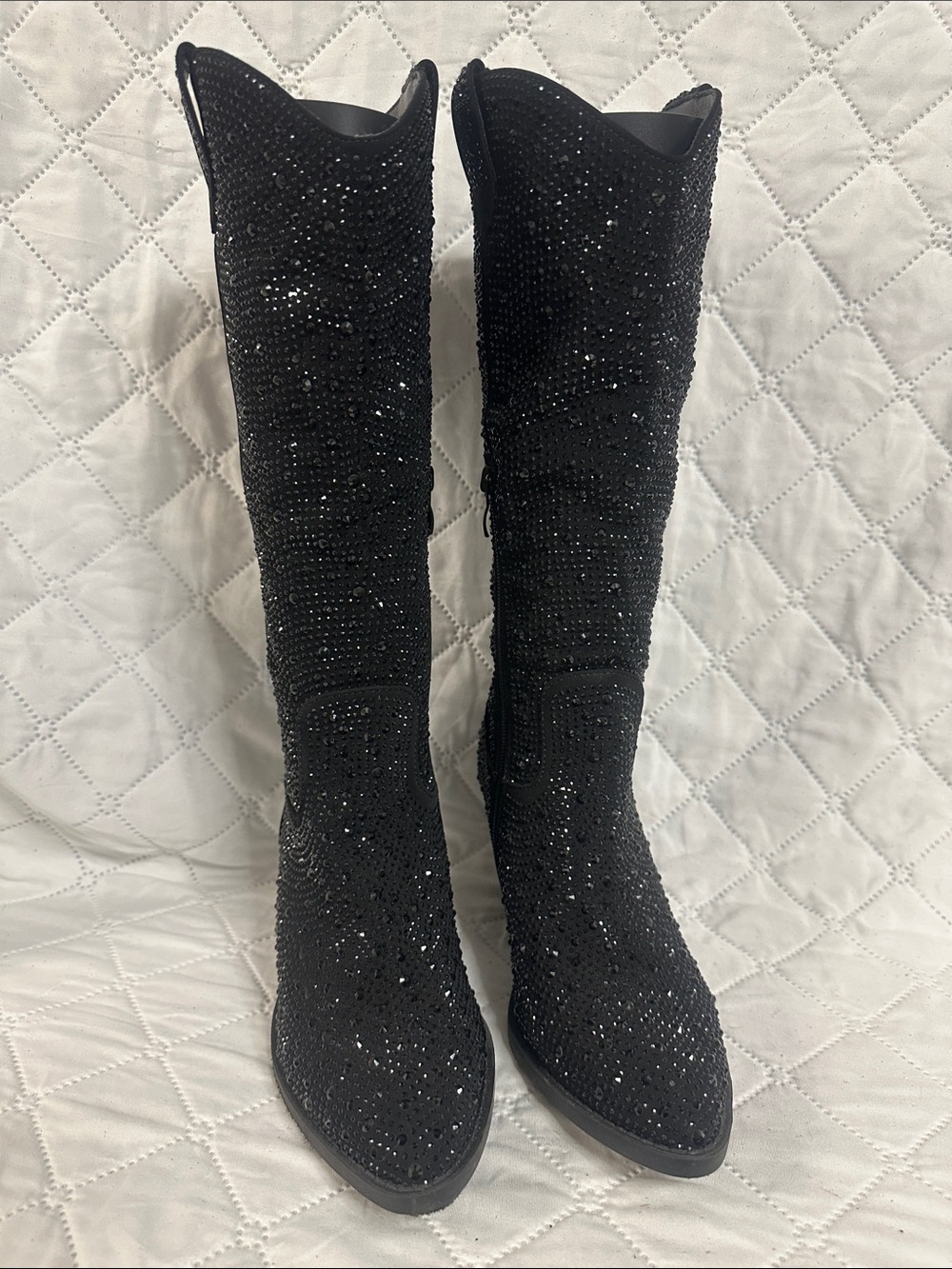 Forever 21 Black Sequin Knee-High Heeled Boots
